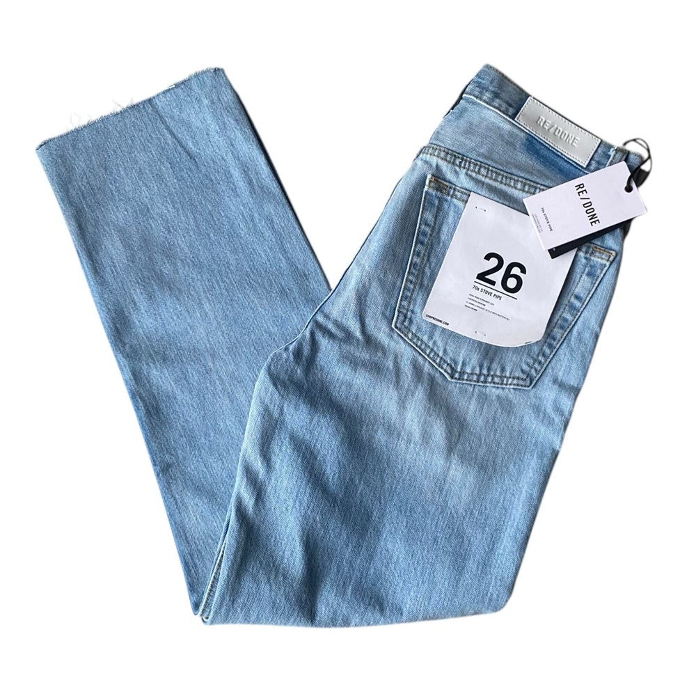 RE/DONE 70s Stove Pipe High Rise Straight Leg Jeans in Surf Blue Destroyed